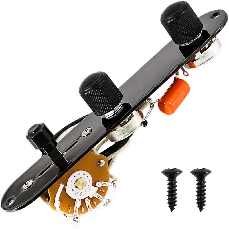 Domofa Fully Loaded Guitar Control Plate Prewired 3-Way Switch 250K Large Potentiometers Knurled Volume Tone Controls Knobs for Tele/Telecaster Electric Guitar Parts Replacement (Black) - Image 1